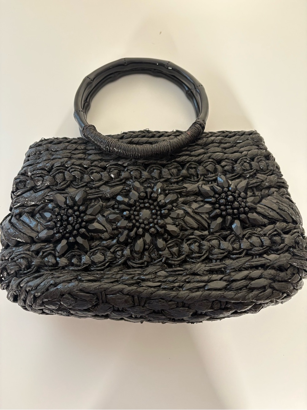 Cappelli Straworld Black Woven Ring-Handle Clutch with Beaded Floral Accents